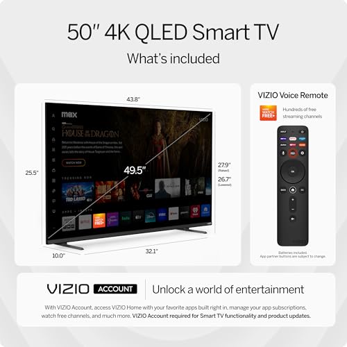 VIZIO 50-inch MQX-Series 4K 120Hz QLED HDR10+ Smart TV with Dolby Vision, Active Full Array, 240Hz @ 1080p PC Gaming, WiFi 6E, Apple AirPlay, Chromecast Built-in, M50QXM-K01, 2023 Model