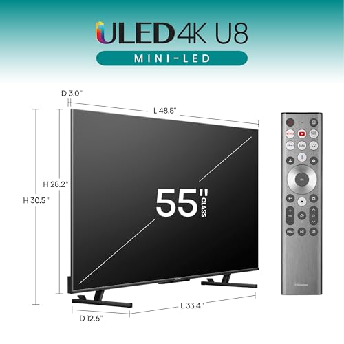 Hisense U8 Series 55U8N 55-Inch ULED 4K Smart TV | Mini-LED Pro+ | QLED | 1800 Nits | 144Hz | Motion Rate 480 | Dolby Vision IQ · Atmos | Full Array Local Dimming | 2.1.2 Ch Surround Sound | Google TV