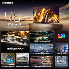 Hisense U8 Series 85U8N 85-Inch ULED 4K Smart TV | Mini-LED Pro | QLED | 3000 Nits | 144Hz | Motion Rate 480 | Dolby Vision IQ · Atmos | Full Array Local Dimming | 2.1.2 Ch Surround Sound | Google TV