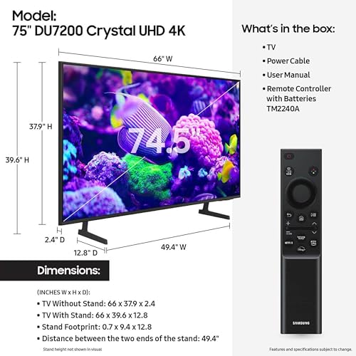 SAMSUNG 75-Inch Class Crystal UHD 4K DU7200 Series HDR Smart TV w/Object Tracking Sound Lite, PurColor, Motion Xcelerator, Mega Contrast, Q-Symphony (UN75DU7200, 2024 Model)