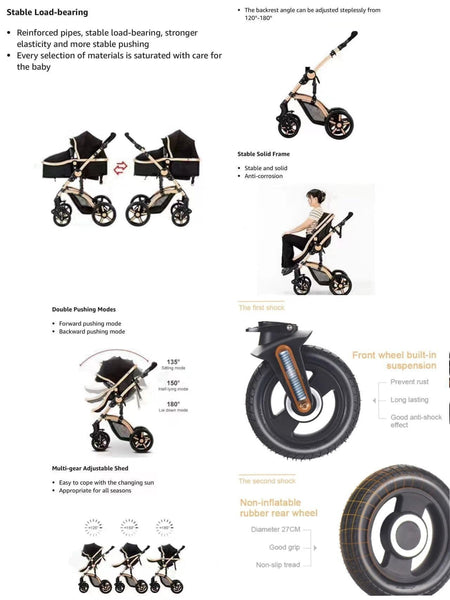 3-in-1 Baby Stroller & Travel System – Lightweight, Foldable Baby Pram & Pushchair with Aluminium Frame (Black/Rose Gold)