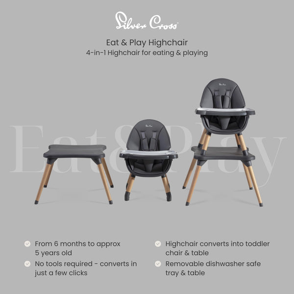 Silver Cross Eat&Play 4-in-1 Highchair – Convertible Baby Chair, Booster & Toddler Seat (Graphite)