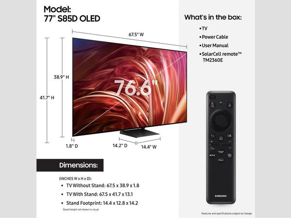 SAMSUNG 77-Inch Class OLED 4K S85D Series HDR Smart TV w/Dolby Atmos, Object Tracking Sound Lite, Laser Slim Design, Motion Xcelerator, Real Depth Enhancer, Alexa Built-in (QN77S85D, 2024 Model)