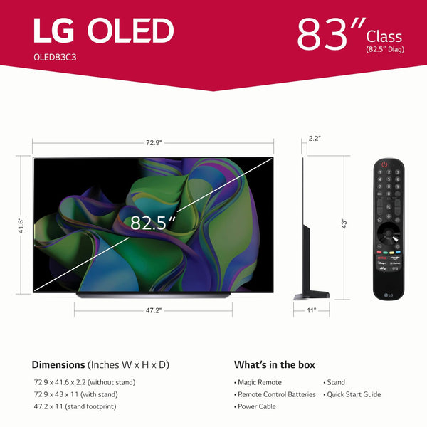 LG C3 Series 83-Inch Class OLED evo 4K Processor Smart Flat Screen Wall Mount TV with Magic Remote AI-Powered OLED83C3PUA, 2023 with Alexa Built-in