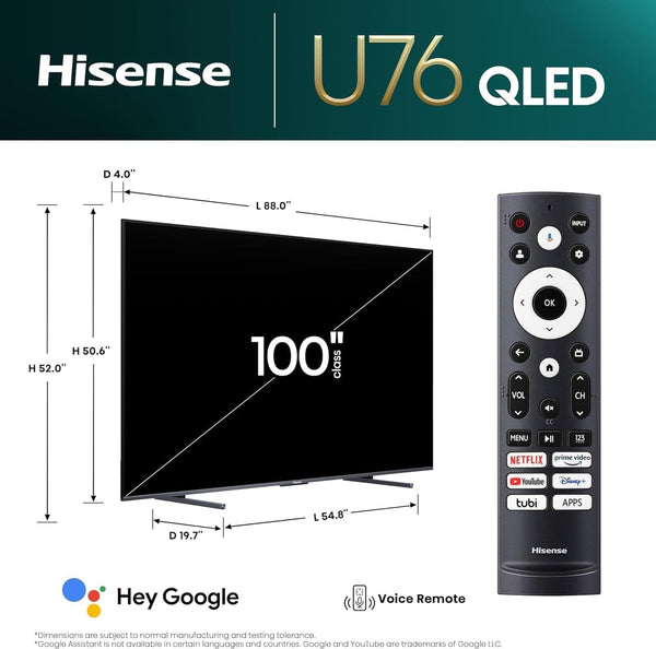 Hisense 100-Inch Class U7 Series ULED 4K UHD Google Smart TV (100U76N, 2024 Model) - QLED, Native 144Hz, Dolby Vision, Full Array Local Dimming, Game Mode Pro, Alexa Compatibility