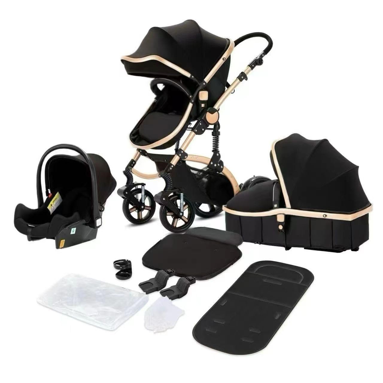 3-in-1 Baby Stroller & Travel System – Lightweight, Foldable Baby Pram & Pushchair with Aluminium Frame (Black/Rose Gold)