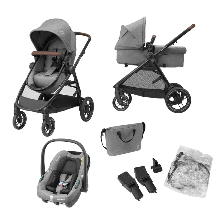 Maxi-Cosi Zelia S Trio 3-in-1 Travel System – Foldable Baby Stroller with Car Seat & Nursery Bag (Grey)