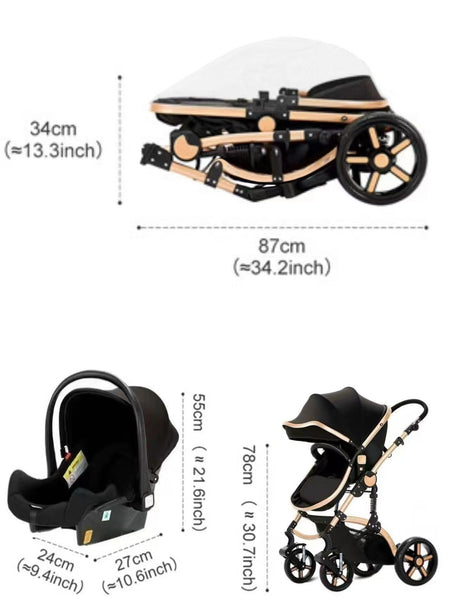 3-in-1 Baby Stroller & Travel System – Lightweight, Foldable Baby Pram & Pushchair with Aluminium Frame (Black/Rose Gold)