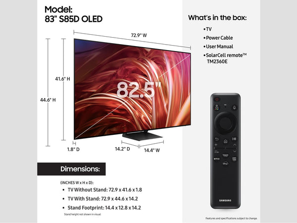 SAMSUNG 83-Inch Class OLED 4K S85D Series HDR Smart TV w/Dolby Atmos, Object Tracking Sound Lite, Laser Slim Design, Motion Xcelerator, Real Depth Enhancer, Alexa Built-in (QN83S85D, 2024 Model)