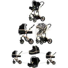 3-in-1 Baby Stroller & Travel System – Lightweight, Foldable Baby Pram & Pushchair with Aluminium Frame (Black/Rose Gold)