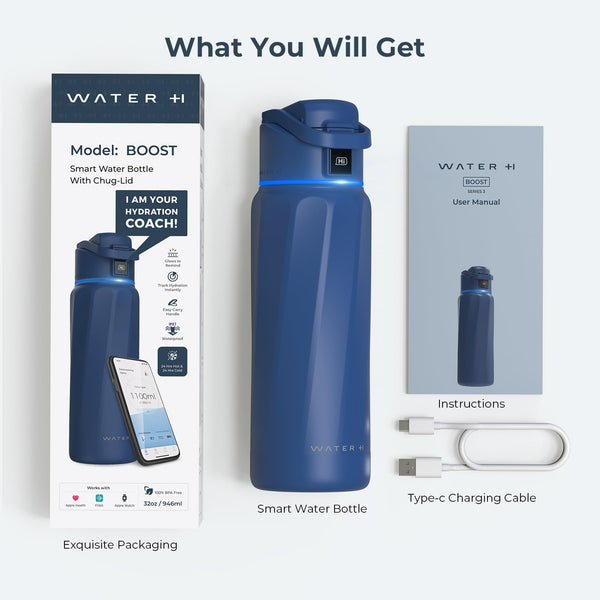 BOOST Smart Water Bottle - 32oz Stainless Steel, Water Tracker, Gift, Blue