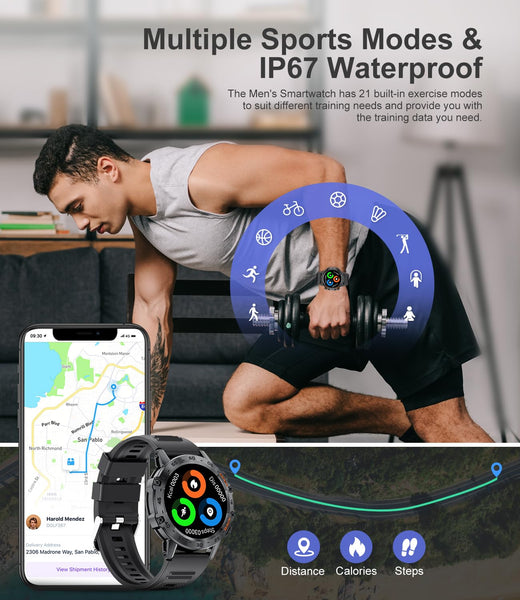 Military Smart Watch - 100 Sports Modes, 5ATM Waterproof, Heart Rate, SpO2