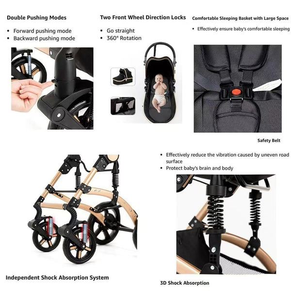 3-in-1 Baby Stroller & Travel System – Lightweight, Foldable Baby Pram & Pushchair with Aluminium Frame (Black/Rose Gold)