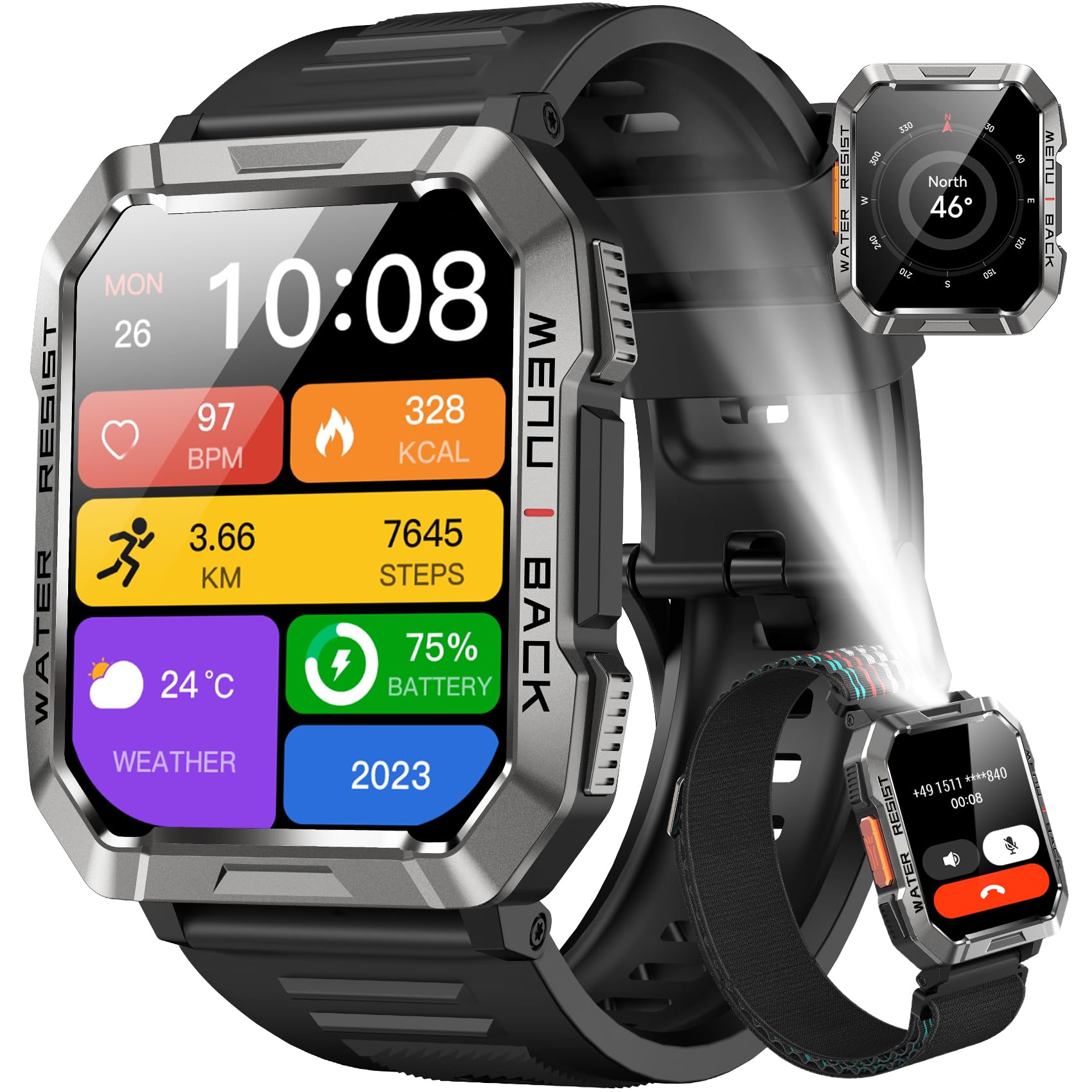 Military Smart Watch - Call Function, 100 Days Battery, Heart Rate, Compass