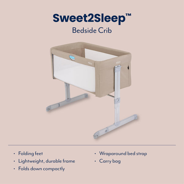 Graco Sweet2Sleep Bedside Crib – Adjustable Height, Tilt Positions & Carry Bag (Oatmeal)