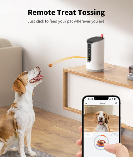 TKENPRO 2K Pet Camera - Treat Dispenser, 360° View, Motion Alerts, App