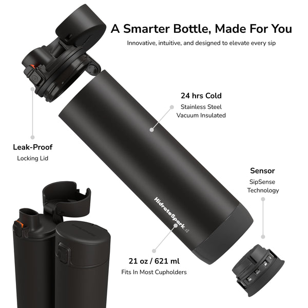 Hidrate Spark PRO - 21oz Smart Water Bottle, Bluetooth Tracker, LED, Black