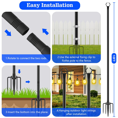 4 Pack 10Ft Outdoor String Light Poles - Metal Stand with Fork for Patio, Deck, Backyard, Garden, Wedding & Party Lighting