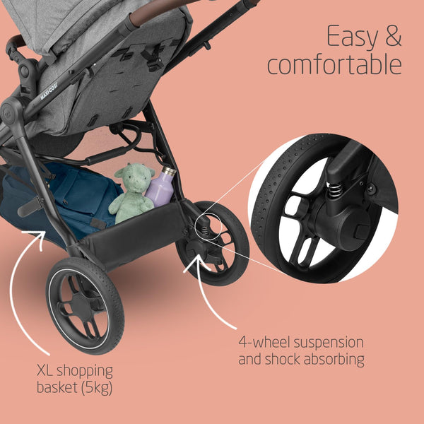 Maxi-Cosi Zelia S Trio 3-in-1 Travel System – Foldable Baby Stroller with Car Seat & Nursery Bag (Grey)