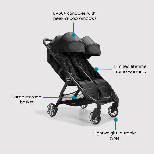 Baby Jogger City Tour 2 Double Stroller – Lightweight & Compact Travel Pushchair (Pitch Black)