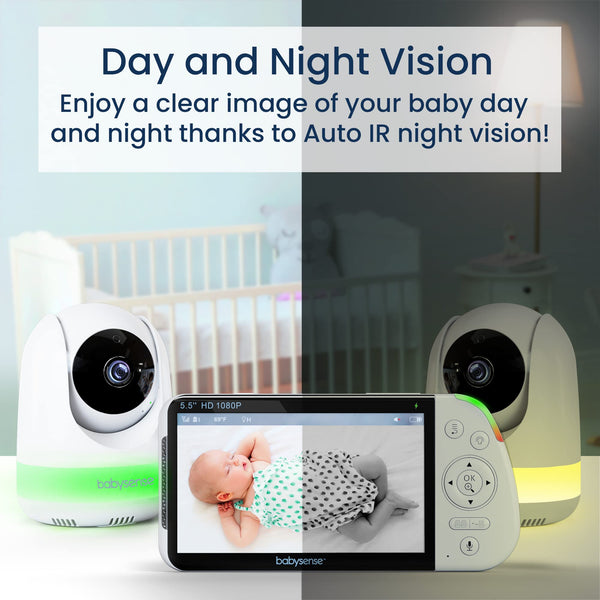 Babysense 5.5” 1080p HD Dual Camera Baby Monitor – Split-Screen, PTZ Cameras, Night Light & Two-Way Audio