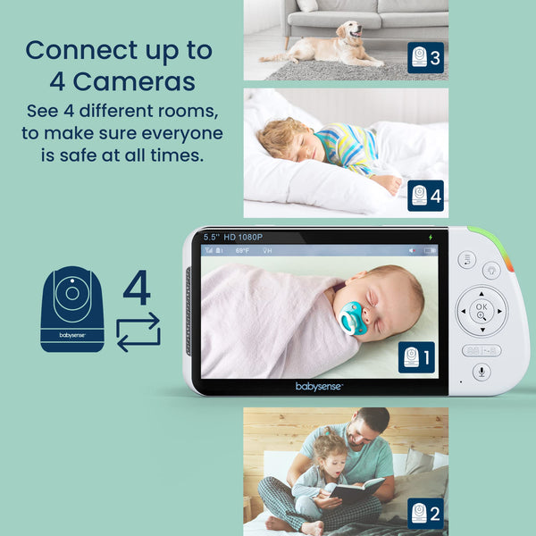 Babysense 5.5” 1080p HD Dual Camera Baby Monitor – Split-Screen, PTZ Cameras, Night Light & Two-Way Audio