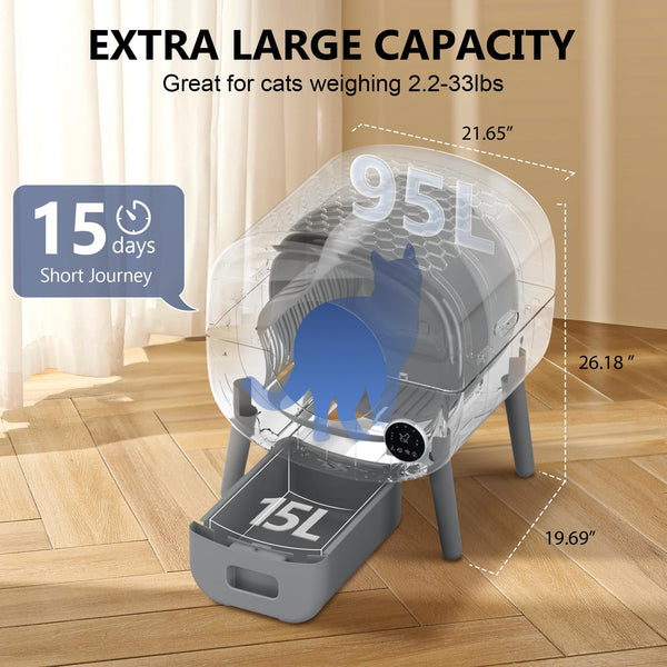 Cumrige 95L Self Cleaning Litter Box - App Control, Safety, Garbage Bags