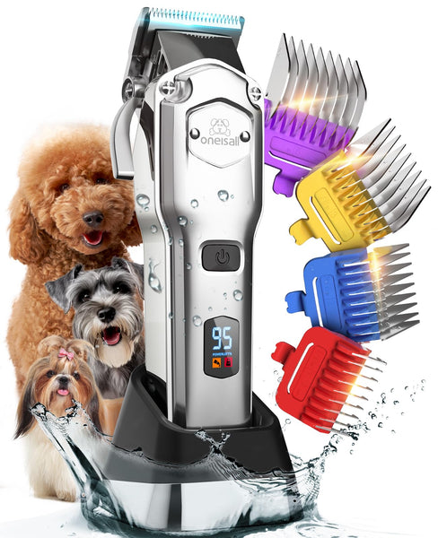 oneisall Dog Clippers - Cordless, Rechargeable, Low Noise, Metal Combs