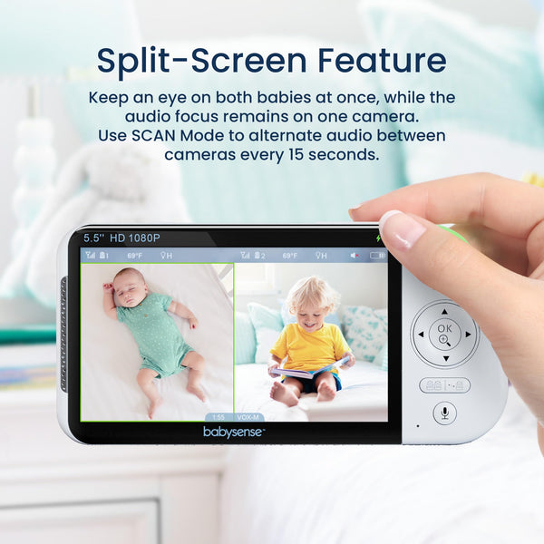 Babysense 5.5” 1080p HD Dual Camera Baby Monitor – Split-Screen, PTZ Cameras, Night Light & Two-Way Audio