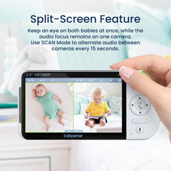 Babysense 5.5” 1080p HD Dual Camera Baby Monitor – Split-Screen, PTZ Cameras, Night Light & Two-Way Audio