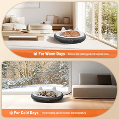 Heated Cat Bed - Timer, Temp Adjustable, Waterproof Pad, Cozy Donut, Gray