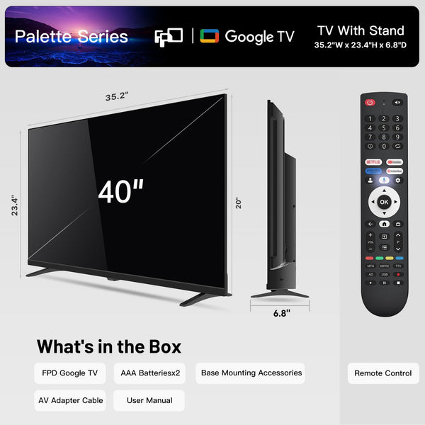 FPD 40-inch Smart TV, 1080p Google TV with Google Play Built-in Google Cast, HDR 10, Dolby Audio, Voice Remote, Full HD Flat Screen Television (Palette-Series, CG40-P3, 2024)