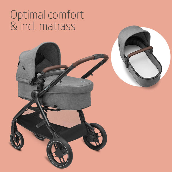 Maxi-Cosi Zelia S Trio 3-in-1 Travel System – Foldable Baby Stroller with Car Seat & Nursery Bag (Grey)