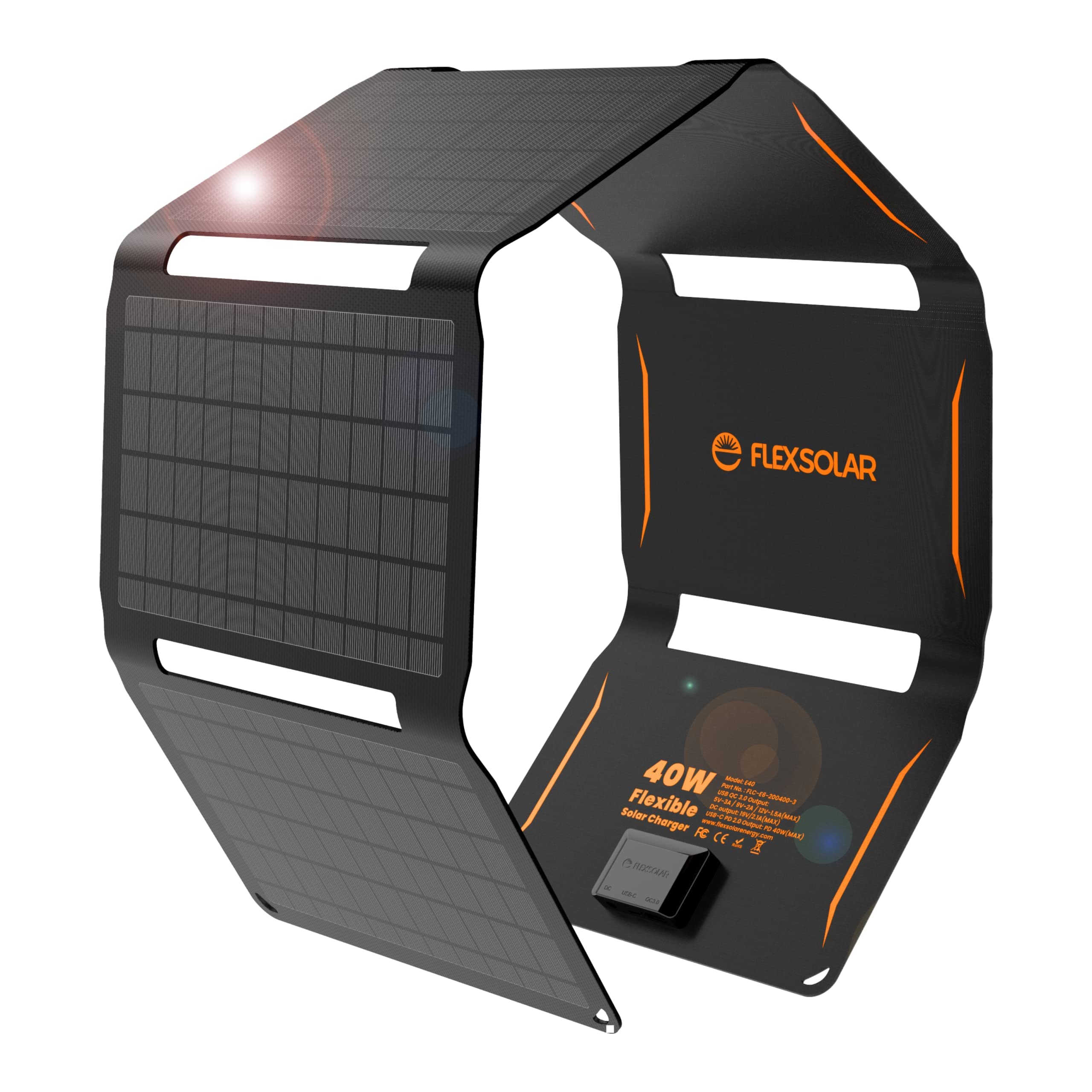 FlexSolar 40W Solar Panel - USB-C, USB-A, Waterproof, Camping, Hiking