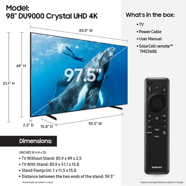 SAMSUNG 98-Inch Class 4K Crystal UHD DU9000 Series HDR Smart TV, Object Tracking Sound Lite