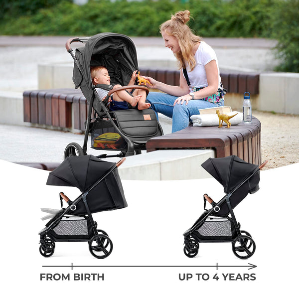 Kinderkraft GRANDE PLUS Stroller – Foldable Pushchair with Lie-Flat Seat & Shock Absorption (Black)