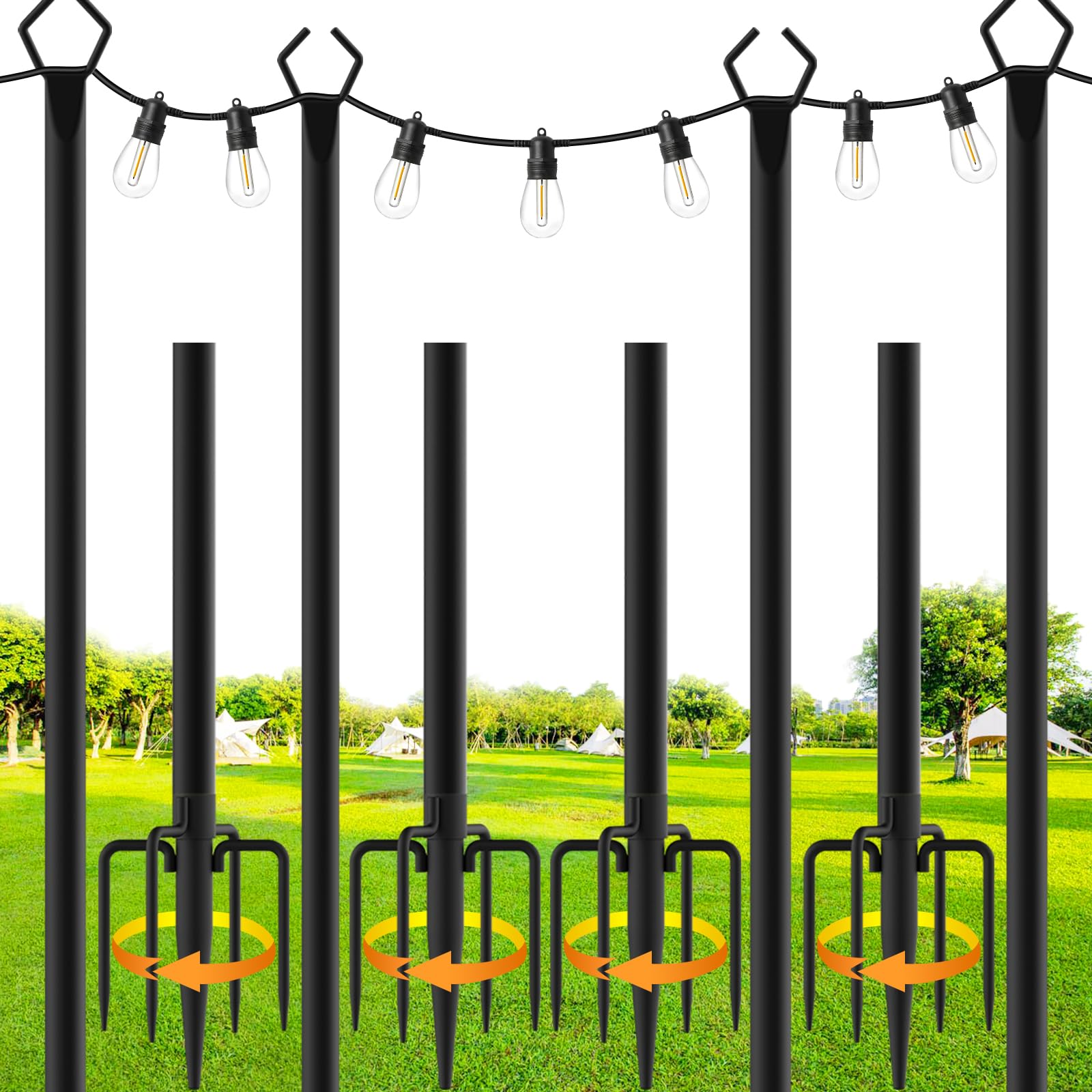 4 Pack 10Ft Outdoor String Light Poles - Metal Stand with Fork for Patio, Deck, Backyard, Garden, Wedding & Party Lighting