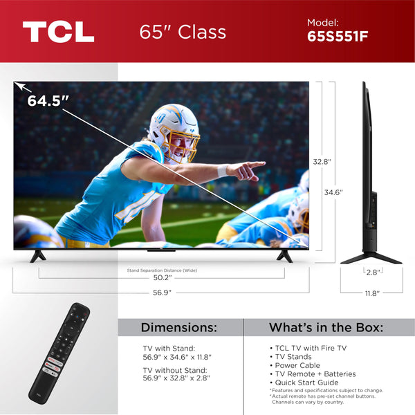 TCL 65-Inch Class S5 UHD 4K LED Smart TV with Fire TV (65S551F, 2024 Model), Dolby Vision, HDR PRO+, Dolby Atmos, Alexa Built-in with Voice Remote, Apple AirPlay 2 Compatibility, Streaming Television