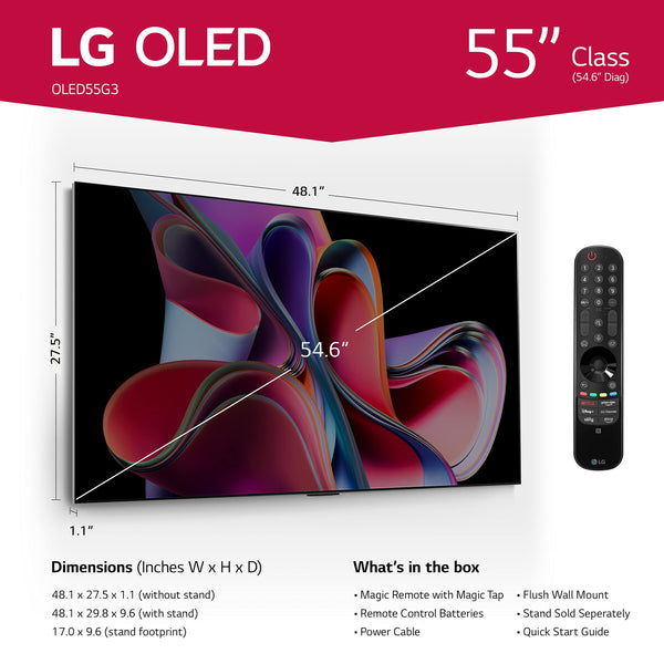 LG G3 Series 55-Inch Class OLED evo 4K Processor Smart Flat Screen TV for Gaming with Magic Remote AI-Powered Gallery Edition OLED55G3PUA, 2023 with Alexa Built-in