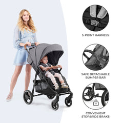 Kinderkraft GRANDE PLUS Stroller – Lightweight Foldable Pushchair with Extra-Large Hood (Gray)