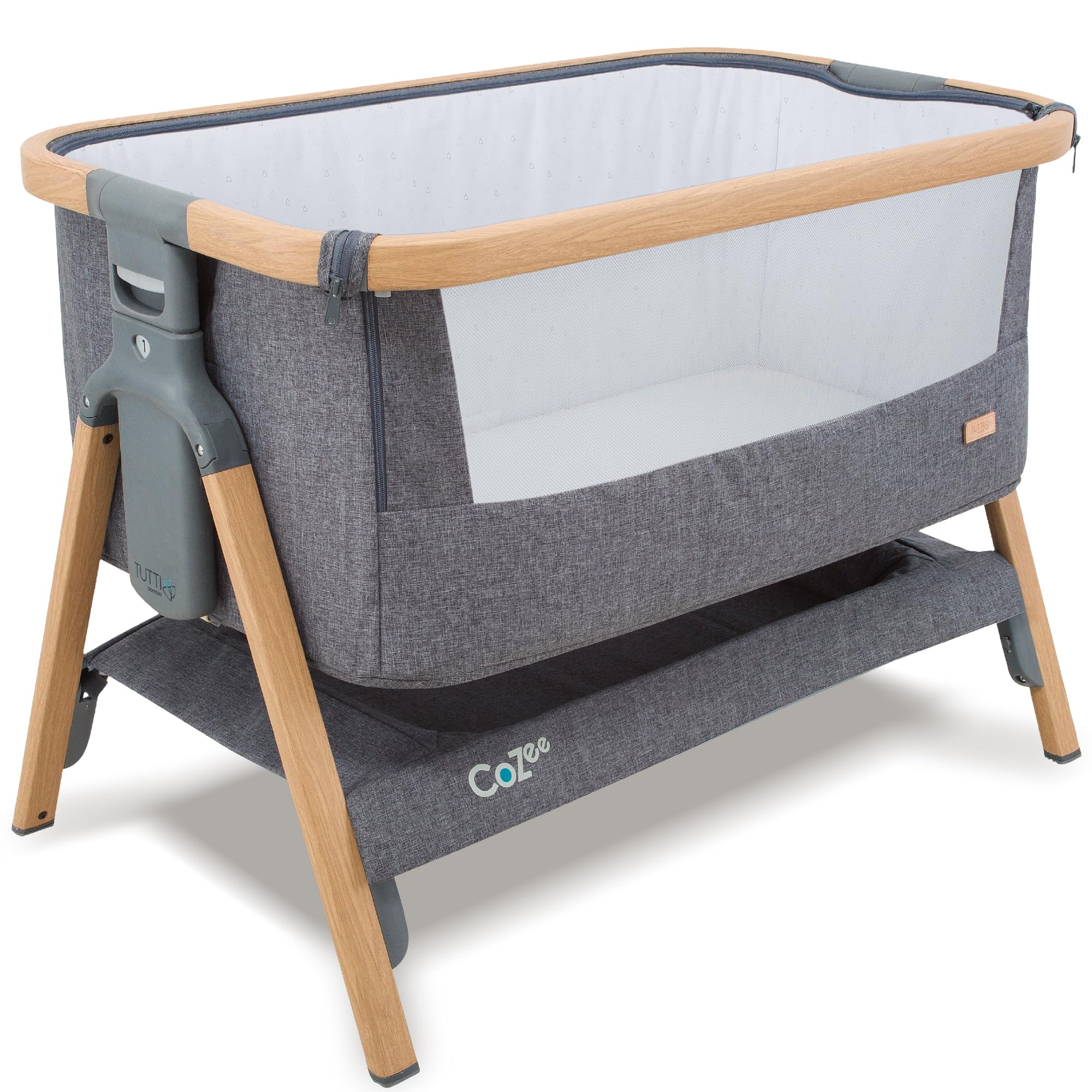 Tutti Bambini CoZee® Next to Me Crib – Foldable Bedside Crib with Mattress & 6 Height Levels (Oak & Charcoal)