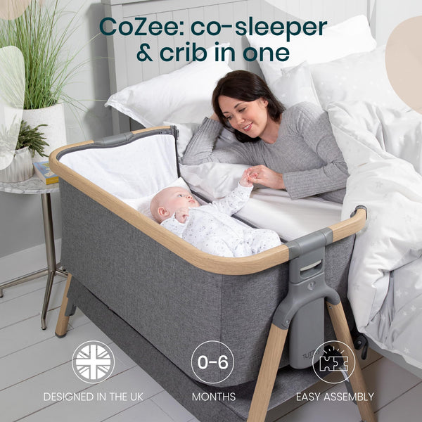 Tutti Bambini CoZee® Next to Me Crib – Foldable Bedside Crib with Mattress & 6 Height Levels (Oak & Charcoal)