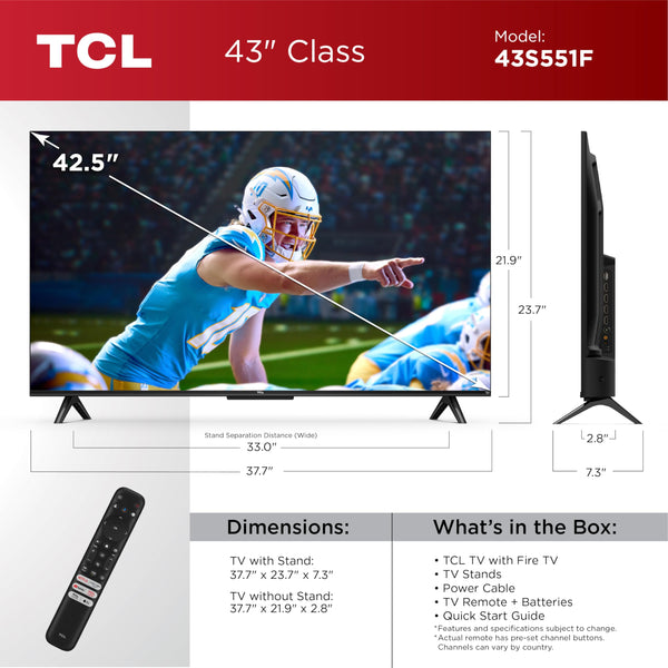 TCL 43-Inch Class S5 UHD 4K LED Smart TV with Fire TV (43S551F, 2024 Model), Dolby Vision, HDR PRO+, Dolby Atmos, Alexa Built-in with Voice Remote, Apple AirPlay 2 Compatibility, Streaming Television