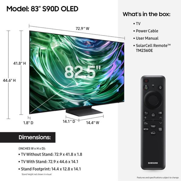 SAMSUNG 83-Inch Class OLED 4K S90D Series HDR+ Smart TV w/Dolby Atmos, Object Tracking Sound Lite, Motion Xcelerator, Real Depth Enhancer, 4K AI Upscaling, Alexa Built-in (QN83S90D, 2024 Model)