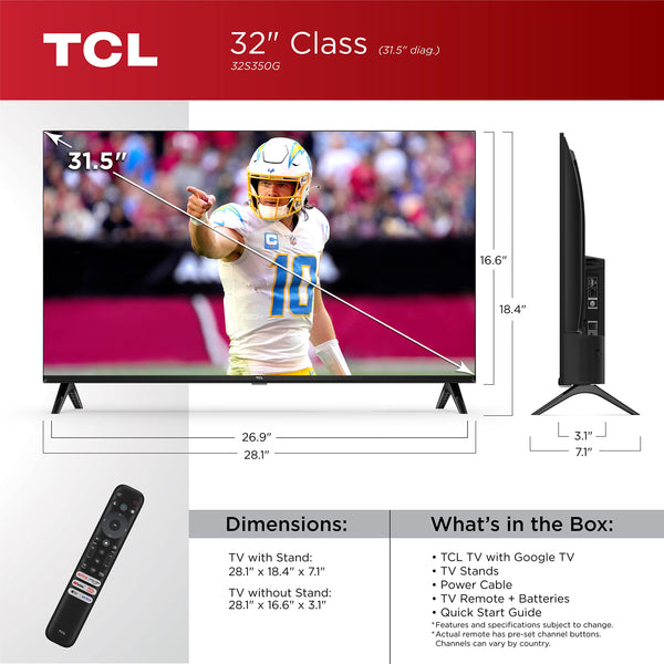 TCL 32-Inch Class S3 1080p LED Smart TV with Google TV (32S350G, 2023 Model), Google Assistant Built-in with Voice Remote, Compatible with Alexa, Streaming FHD Television,Black