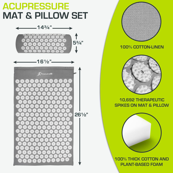 ProsourceFit Acupressure Mat & Pillow Set - Back/Neck Pain Relief, Grey