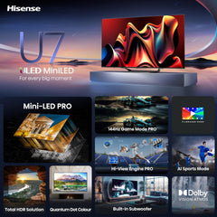 Hisense U7 Series 65U7N 65 Inches ULED 4K Smart TV | Mini-LED | QLED | 1500 Nits | 144Hz | Motion Rate 480 | Dolby Vision HDR 10+ | Dolby Atmos | Full Array Local Dimming | 2.1 Ch Sound | Google TV